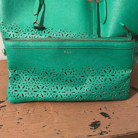 RALPH LAUREN Laser Cut Perforated Chantilly Tote Bag Clutch Green Purse Leather - Picture 4 of 16